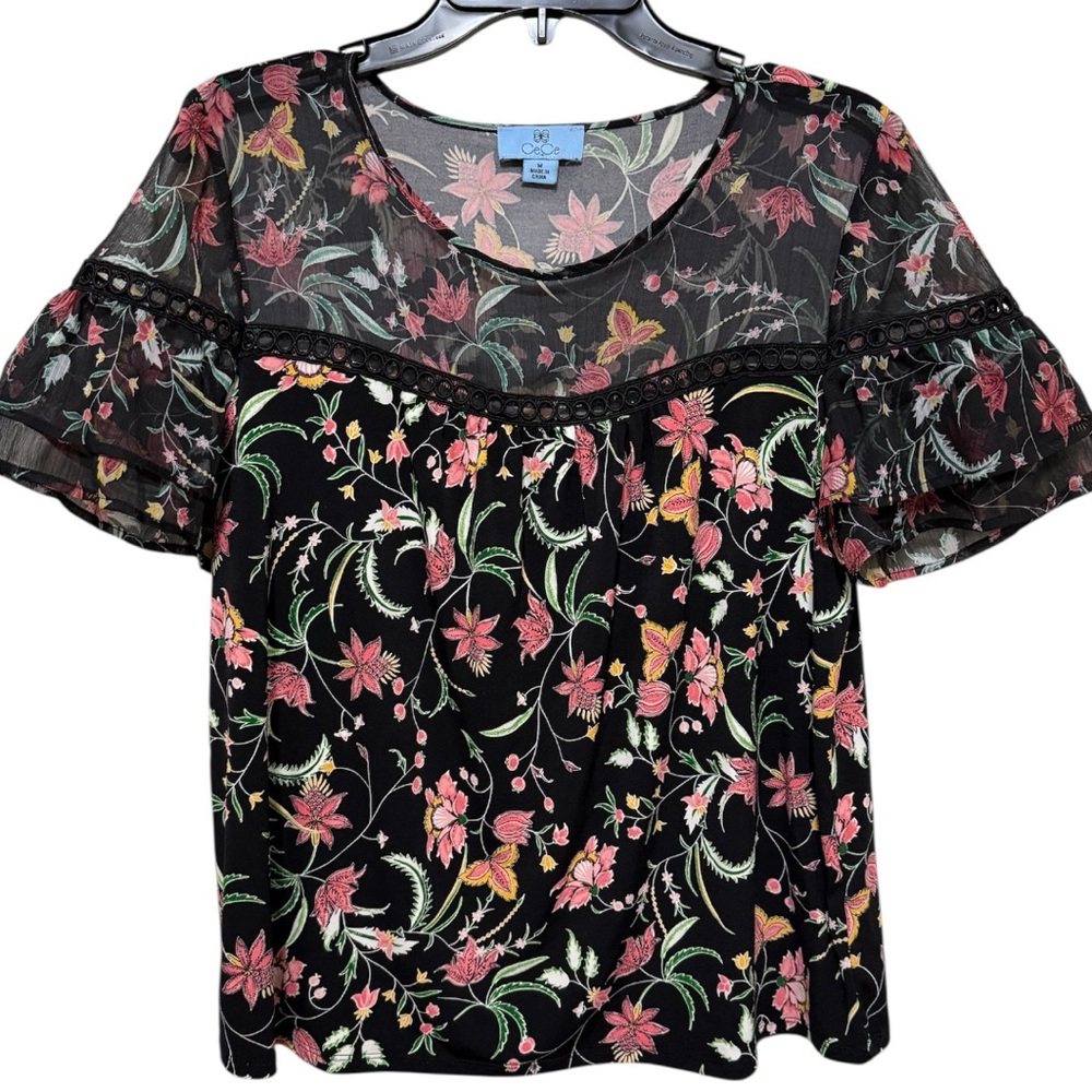 CeCe Floral Blouse Black Pink Green Flutter Sleeve Medium M Romantic Top